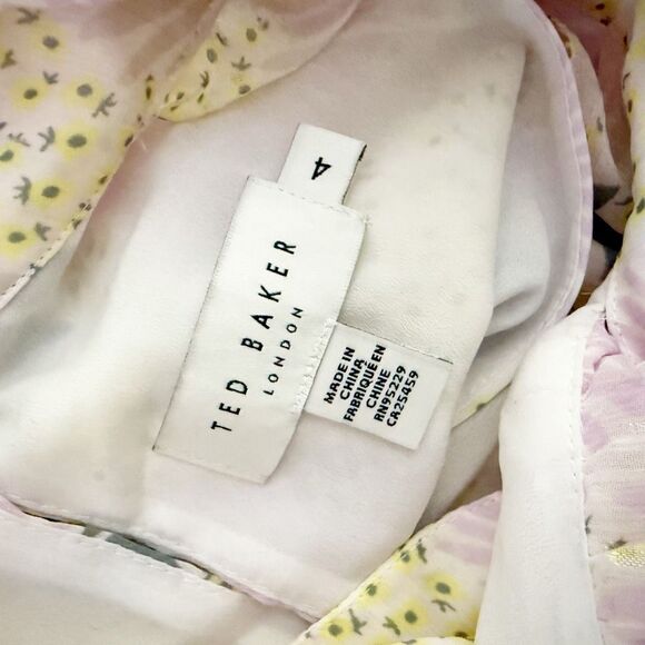 TED BAKER | Suttonn Yellow Lavender Floral Ruffle Sleeveless Dress | 4, US 10 - Picture 9 of 12